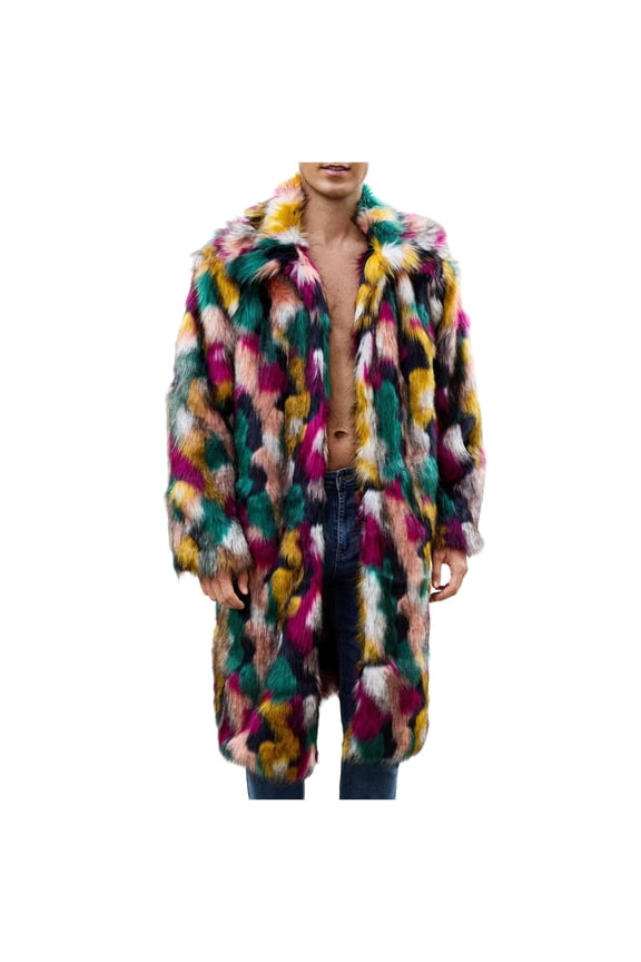 Men Mid Long Casual Faux Mink Coat Breasted Business Faux Cozy Fur Jacket Winter Classic Fur Lapel Outerwear Multicolor XXL