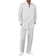 thumbnail image 1 of safuny Men Tracksuit Out 2-Piece Set Long Sleeve Waffle Quarter Zipper Shirt Pants Fashion Set Sweatsuits Spring Outfits Pockets Cotton White L, 1 of 1