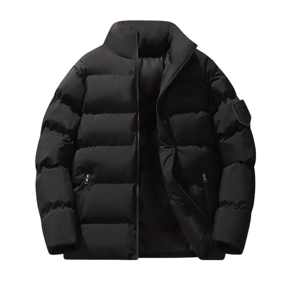 safuny Men Winter Coat Full Zip up Jacket Lightweight Warm Thicken Padded Outerwear Solid Stand Collar Ski Hiking Travel Warm Overcoat Black XXXL