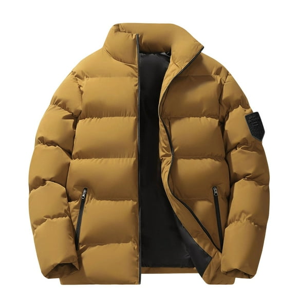 safuny Men Winter Coat Full Zip up Jacket Lightweight Warm Thicken Padded Outerwear Solid Stand Collar Ski Hiking Travel Warm Overcoat Brown XL