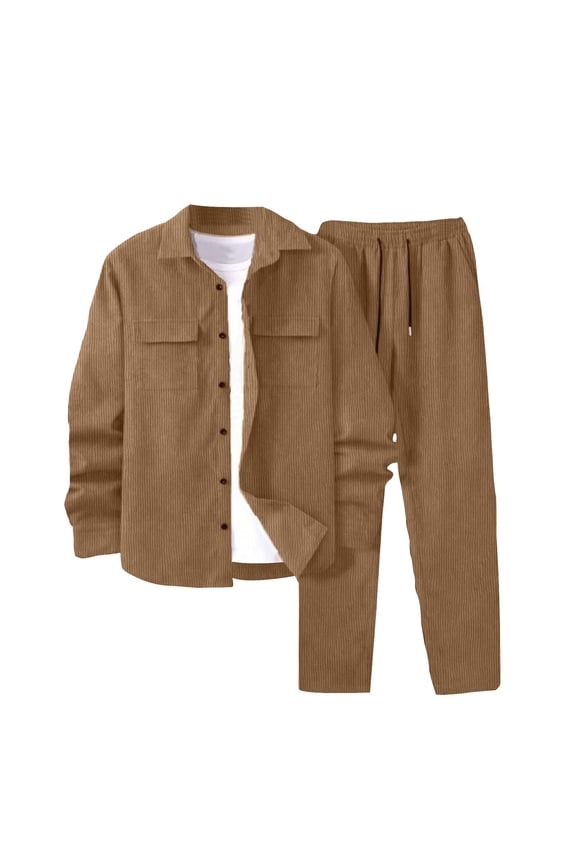 Men's 2 Piece Corduroy Shacket Pants Outfits Long Sleeve Causal Fall Winter Jacket Tracksuit Overshirt Set Spring Sweatsuits Pockets Cotton Yellow L