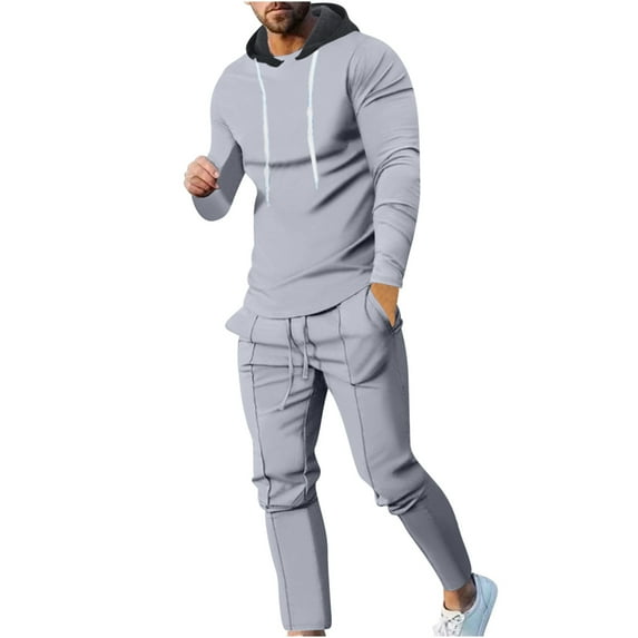 safuny Men's 2Pc Cotton Lined Tracksuits Hoodie Tops&Pants Jogger Solid Color Crew Neck Outfits Long Sleeve Clearance Trendy Causal Running Sports Sweatsuit Athletic Suits Gray
