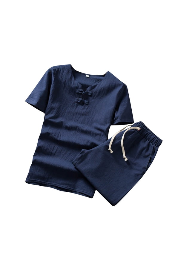 Men's 2Pc Cotton Lined Tracksuits Set Tops&Shorts Solid Color Trendy Short Sleeve Summer Athletic Suits Causal Running Sports Sweatsuit Keyhole Neck Outfits Navy
