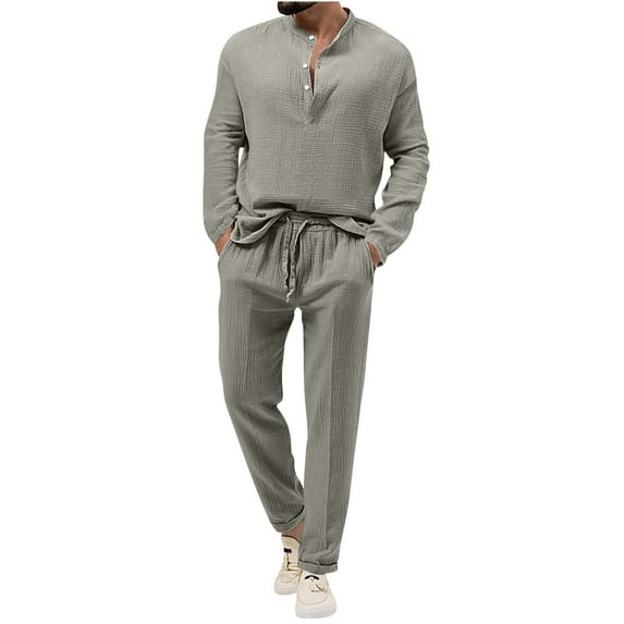 safuny Men's 2Pc Cotton Tracksuits Tops&Jogger Solid Color Stand Collar Quarter Button Outfits Causal Running Sports Sweatsuit Trendy Long Sleeve Athletic Suits Beige