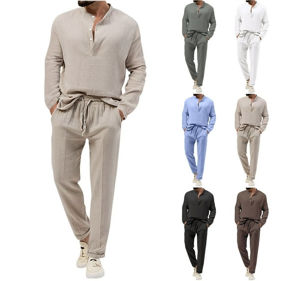 safuny Men's 2Pc Cotton Tracksuits Tops&Jogger Solid Color Stand Collar Quarter Button Outfits Causal Running Sports Sweatsuit Trendy Long Sleeve Athletic Suits Beige