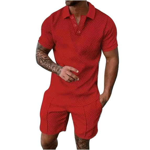 safuny Men's 2Pc Tracksuits Outfits Shirts With Shorts Trendy Short Sleeve Quarter Button Lapel Tees Activewear Casual Workout Summer Relaxed Clearance Solid Color Tops Red XXXXL