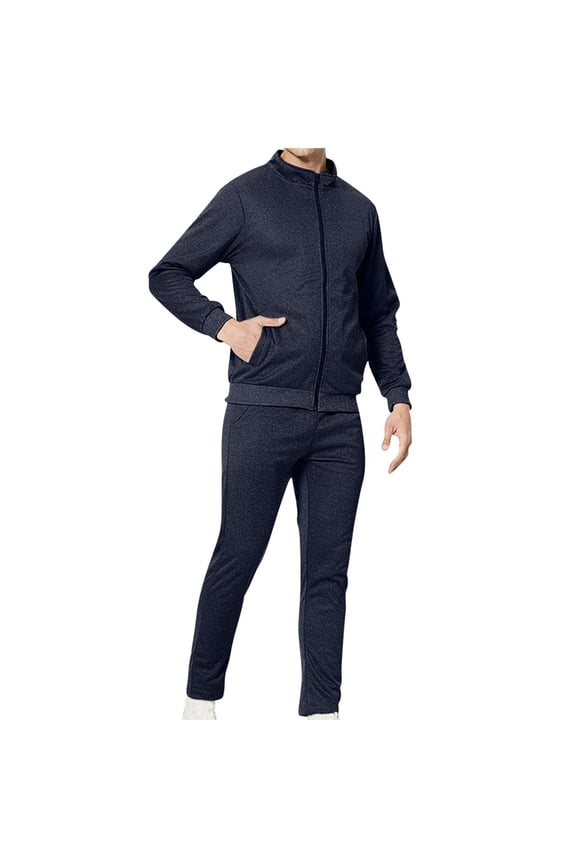 Men's 2Pc Tracksuits Set Jackets And Pants Jogger Solid Color Full Zipper Outfits Causal Running Sports Sweatsuit Trendy Long Sleeve Jogging Athletic Suits Blue L
