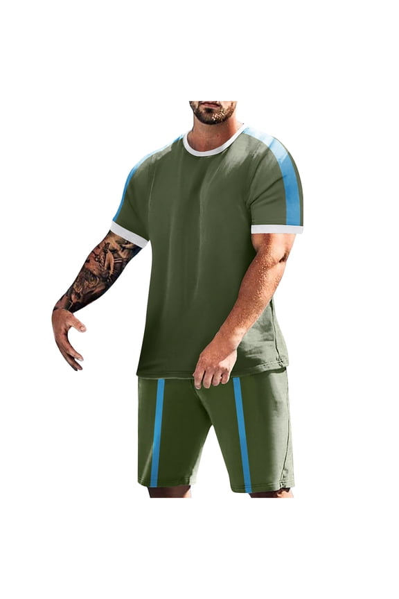 Men's 2Pc Tracksuits Set Tops&Shorts Color Block Short Sleeve Summer Jogging Athletic Suits Crew Neck Outfits Causal Running Sports Sweatsuit Trendy Army Green
