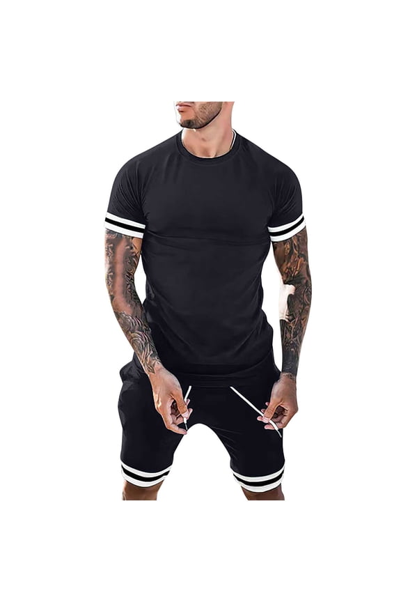 Men's 2Pc Tracksuits Set Tops&Shorts Solid Color Block Jogging Athletic Suits Short Sleeve Summer Causal Running Sports Sweatsuit Round Neck Outfits Trendy Navy