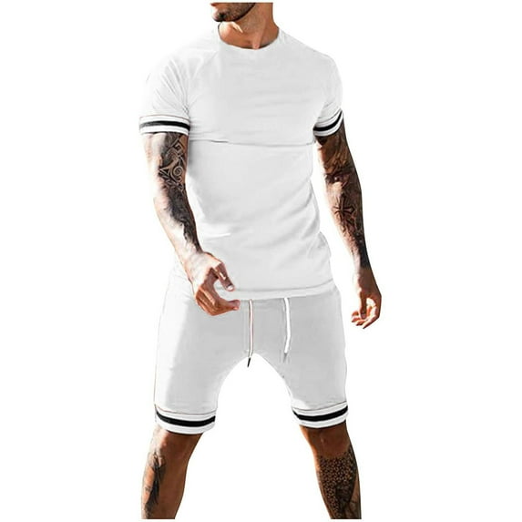 safuny Men's 2Pc Tracksuits Set Tops And Shorts Solid Color Crew Neck Outfits Trendy Jogging Athletic Suits Short Sleeve Summer Causal Running Sports Sweatsuit Clearance White M