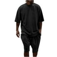 thumbnail image 1 of safuny Men's 2Pc Tracksuits Set Tops&Shorts Solid Color Round Neck Outfits Jogging Athletic Suits Causal Running Sports Sweatsuit Trendy Short Sleeve Summer Black L, 1 of 6
