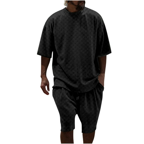 safuny Men's 2Pc Tracksuits Set Tops&Shorts Solid Color Round Neck Outfits Jogging Athletic Suits Causal Running Sports Sweatsuit Trendy Short Sleeve Summer Black L