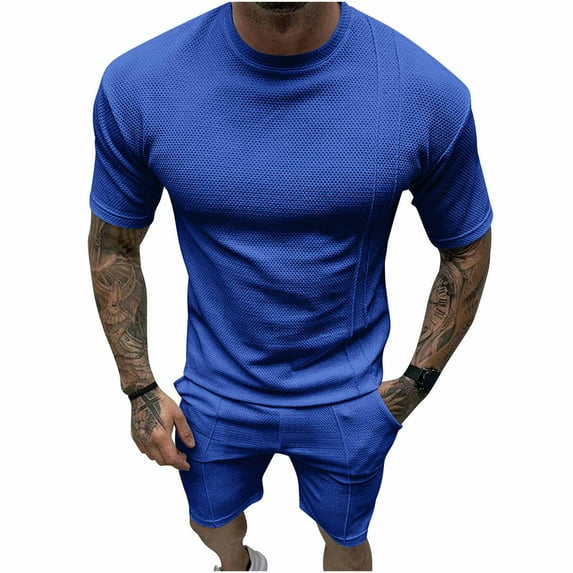 safuny Men's 2Pc Tracksuits Set Tops&Shorts Solid Color Round Neck Outfits Jogging Athletic Suits Causal Running Sports Sweatsuit Trendy Clearance Short Sleeve Summer Blue M