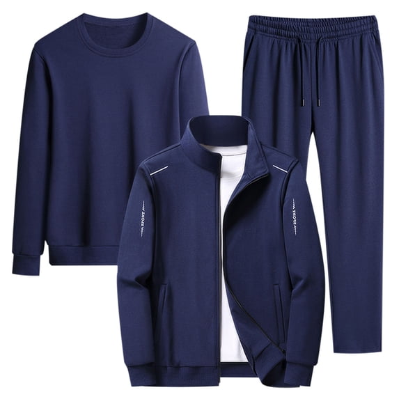 safuny Men's 3Pc Tracksuits Jackets Tops&Pants Jogger Solid Color Causal Running Sports Sweatsuit Long Sleeve Trendy Stand Collar Zipper Outfits Athletic Suits Dark Blue