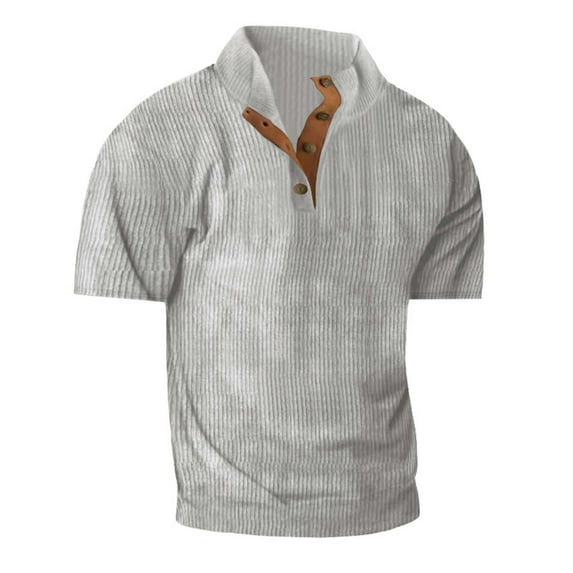 safuny Men's Activewear Solid Color Tees Summer Casual Workout Corduroy Blouses Regular Lined Tops Short Sleeve Pullovers Trendy Stand Collar Button Shirts Gray XXXXXL