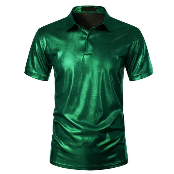 safuny Men's Activewear Solid Color Tees Summer Short Sleeve Trendy Casual Workout Blouses Regular Satin Business Tops Saving Turn Down Collar Quarter Button Shirts Green S