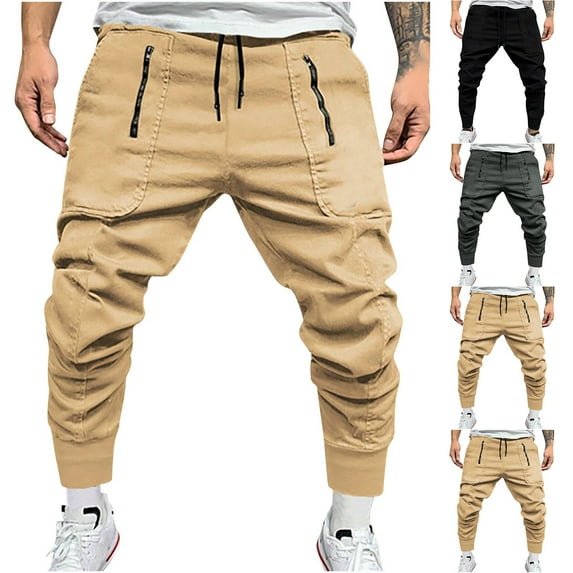 safuny Men's Athletic Sweatpants Stretch Casual Cargo Pants Workout Relaxed Fitted Joggers Pocket Straight Leg Trousers Big Men's Drawstring Full Length Pants Black L