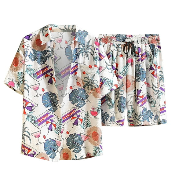 safuny Men's Blouses Shirts Sets Summer Beach Blouse And Pants Set Comfy Casual Short Sleeve Plus Size Suit For Boyfriend Husband Son Dressy Floral Print Lapel White L