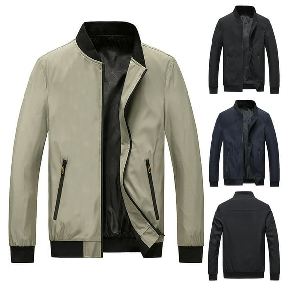 safuny Men's Bomber Jacket Coat Holiday Winter Tops Zipper-Up Casual Solid Fall Trendy Comfy Long Sleeve Stand Collar Blue L