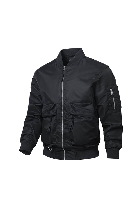 Men's Bomber Jacket Rib Hem Zip-Up baseball Jacket with Cargo Pockets long sleeve stand collar Black XXL