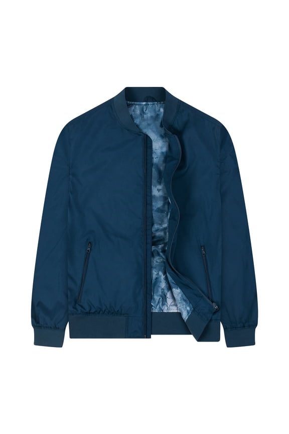 Men's Bomber Jacket Rib Hem Zip-Up baseball Jacket with Cargo Pockets long sleeve stand collar Blue S