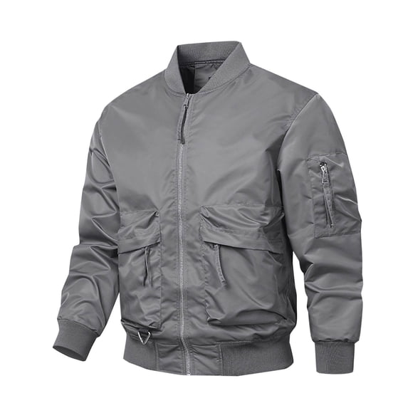 safuny Men's Bomber Jacket Rib Hem Zip-Up baseball Jacket with Cargo Pockets long sleeve stand collar Gray XXXL