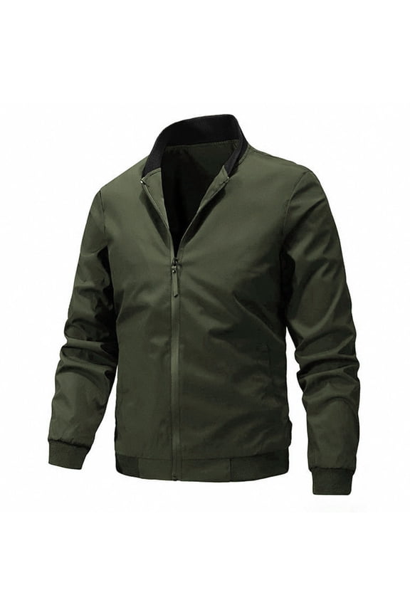 Men's Bomber Jacket Rib Hem Zip-Up baseball Jacket with Cargo Pockets long sleeve stand collar Green L