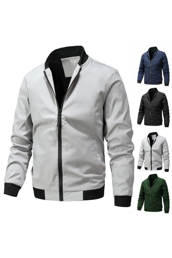 Men's Bomber Jacket Rib Hem Zip-Up baseball Jacket with Cargo Pockets long sleeve stand collar Green L