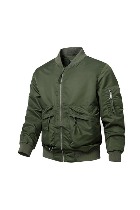 Men's Bomber Jacket Rib Hem Zip-Up baseball Jacket with Cargo Pockets long sleeve stand collar Green XXL