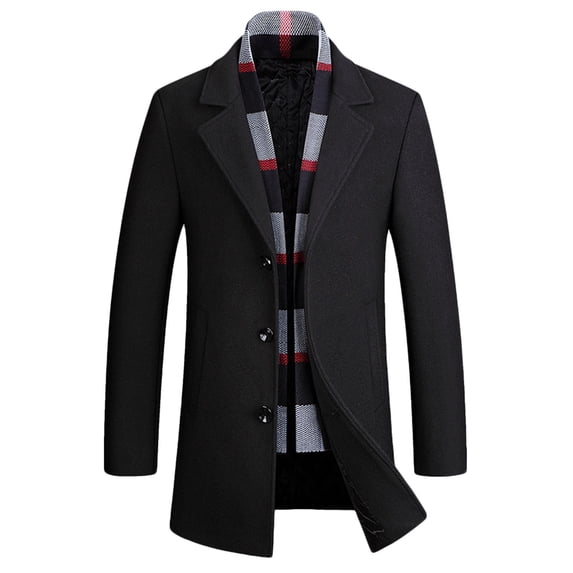 safuny Men's Breasted Trench Coat Lapel Long Sleeve Mid Length Wool Blend Overcoat Black XXXL