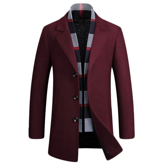 safuny Men's Breasted Trench Coat Lapel Long Sleeve Mid Length Wool Blend Overcoat Wine XL
