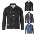 thumbnail image 1 of safuny Men's Button Up Turn Down Collar Cardigans Winter Denim Leather Jackets with Pockets Casual Shackets Fashion Workout Long Sleeve Coat Solid Color Outwear Black L, 1 of 6