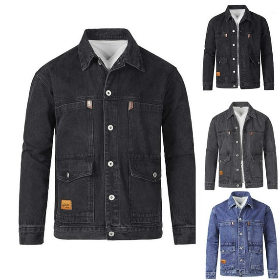 safuny Men's Button Up Turn Down Collar Cardigans Winter Denim Leather Jackets with Pockets Casual Shackets Fashion Workout Long Sleeve Coat Solid Color Outwear Black L