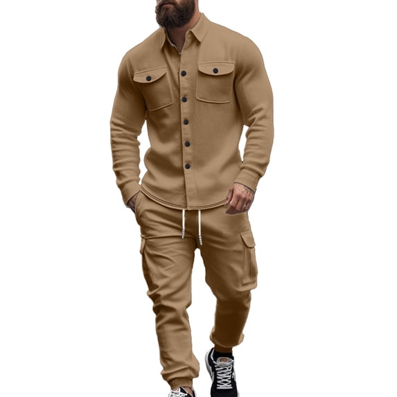 safuny Men's Cargo Sweat Suit 2 Piece Out Casual Sports Jacket Jogging Tracksuits Set Pockets Spring Outfits Yellow XL