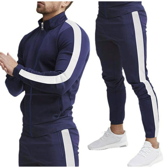 safuny Men's Casual Active Tracksuits Full Zip Sports Jogging Suits Sets Athletic Running 2 Piece Sweatsuits with Zip Pockets Spring Knitted Outfits Cotton Blue L