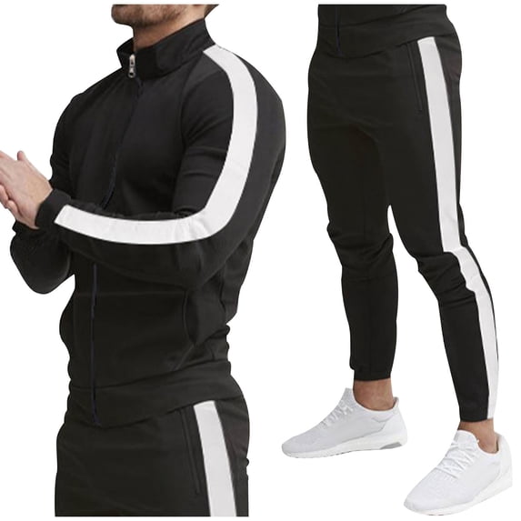 safuny Men's Casual Active Tracksuits Full Zip Sports Jogging Suits Sets Athletic Running 2 Piece Sweatsuits with Zip Pockets Spring Knitted Outfits Cotton Black XXL