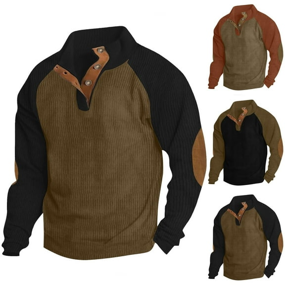 safuny Men's Casual Corduroy Loose Cotton Shirts Big&Tall Patchwork Color Block Pullover Workout Fashion Long Sleeve Tops Stand Collar Sweatshirts Button Black L