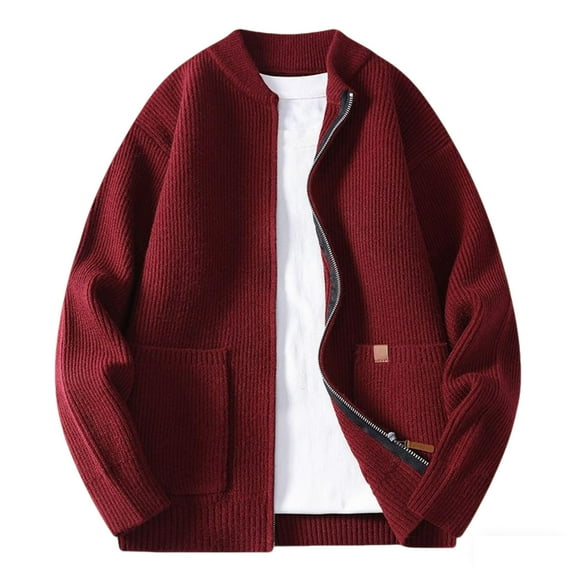 safuny Men's Casual Fashion Zip Cardigan Solid Color Knit Sweater with Pockets Long Sleeve Soft able Outerwear for Daily Wear Spring Fall Wine XXXXL