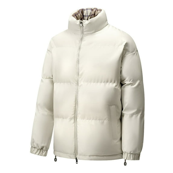 safuny Men's Casual Jacket Warm Stand Collar Zippered Long Sleeve Windproof Padded Coat Lightweight able Outerwear for Sports Outdoor Activities Beige L