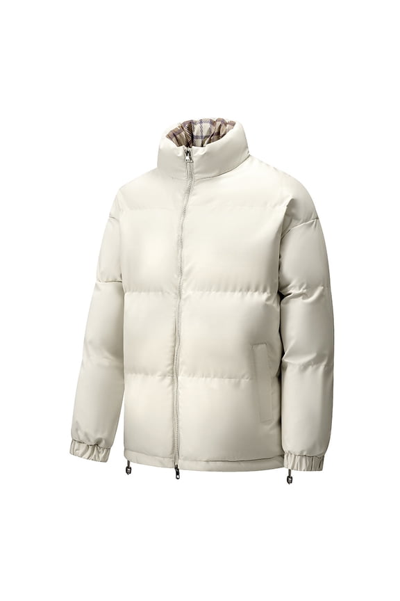 Men's Casual Jacket Warm Stand Collar Zippered Long Sleeve Windproof Padded Coat Lightweight able Outerwear for Sports Outdoor Activities Beige L