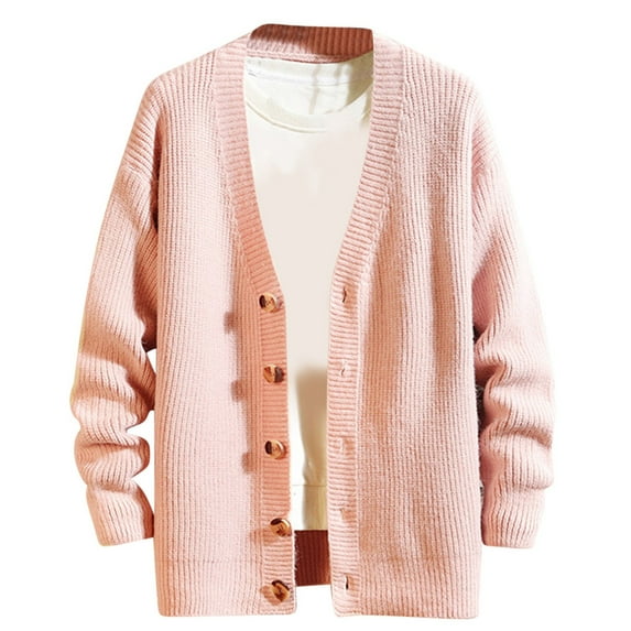 safuny Men's Casual Knitted Sweaters Loose Tops Cotton Big&Tall Outwear V Neck Sweatshirts Button Long Sleeve Shirts Fashion Solid Color Pullover Pink XL