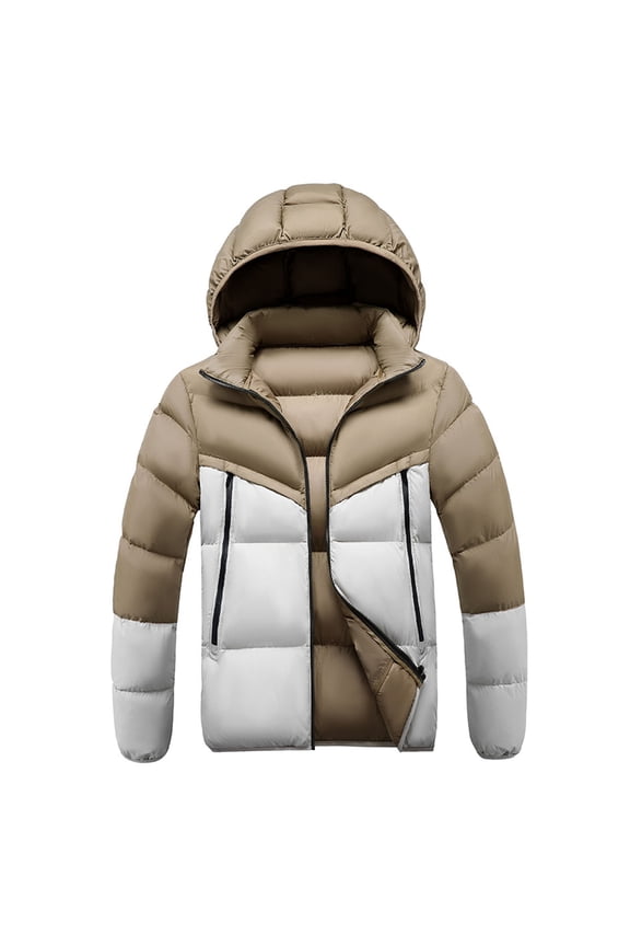 Men's Casual Long Sleeve Jacket Windproof Quilted Outdoor Hooded Coat Fleece Lined Stylish Zipper Pockets Daily Wear able Warm Outerwear Beige L