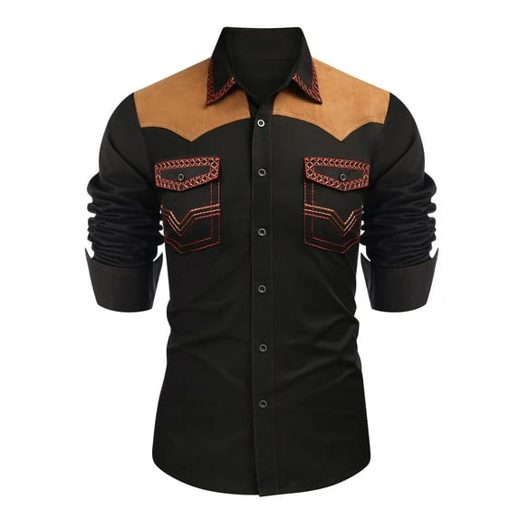 safuny Men's Casual Long Sleeve Shirt with Button Closure Turndown Collar Solid Patchwork Comfortable Breathable Fabric Suitable for Outdoor Daily Wear Fashion Blouse Black L