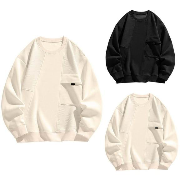 safuny Men's Casual Loose Shirts Big&Tall Fashion Workout Long Sleeve Tops Pockets Crew Neck Sweatshirts Solid Color Pullover Beige L