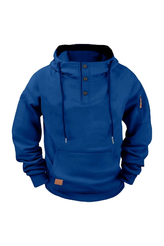 Men's Casual Quarter-Button Hoodie Drawstring Sweatshirt Outdoor Casual Solid Pullover Sweatshirt with Zip Pocket Blue L