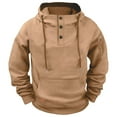 thumbnail image 1 of safuny Men's Casual Quarter-Button Hoodie Drawstring Sweatshirt Outdoor Casual Solid Pullover Sweatshirt with Zip Pocket Khaki L, 1 of 4