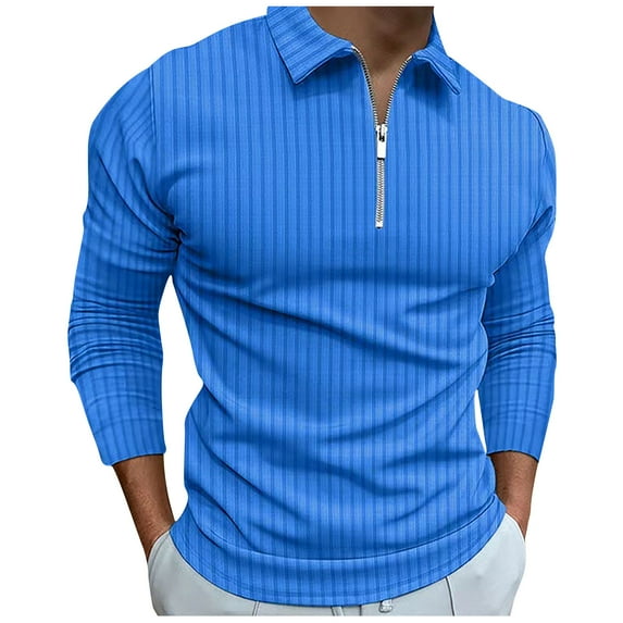 safuny Men's Casual Relaxed Loose Ribbed Tops Long Sleeve Blouses Clearance Solid Color Quarter Zipper Sports Pullovers Turn Down Collar Shirts Fall Workout Fashion Blue XXXL