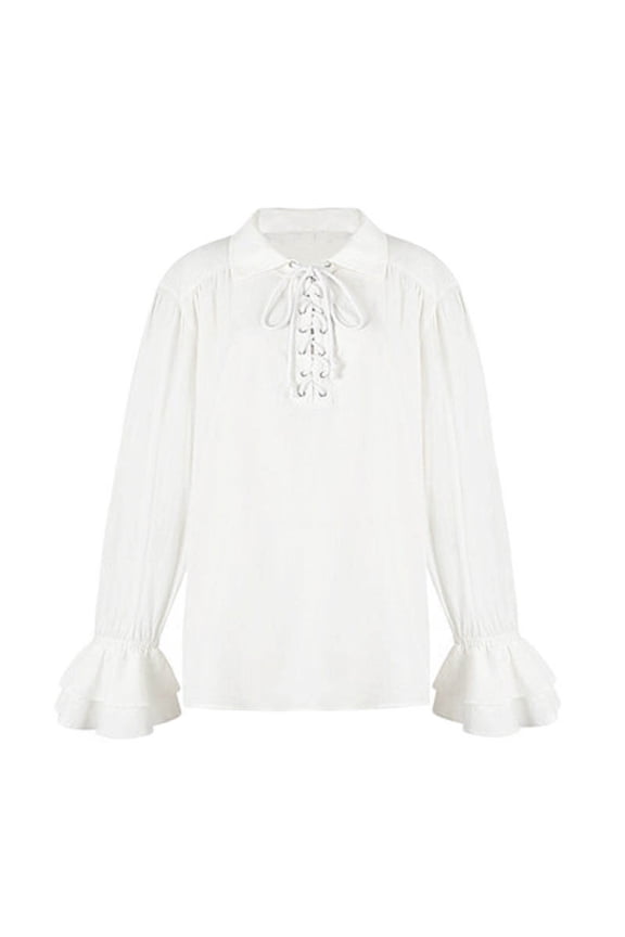 Men's Casual Relaxed Retro Lined Loose Performance Ruffle Tops Long Sleeve Turn Down Collar Lacing Shirts Fall Solid Color Pullovers Fashion Workout White L