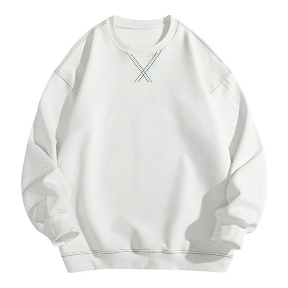 safuny Men's Casual Retro Loose Shirts Big&Tall Long Sleeve Basic Tops Crew Neck Sweatshirts Fashion Workout Solid Color Thermal Pullover White XL