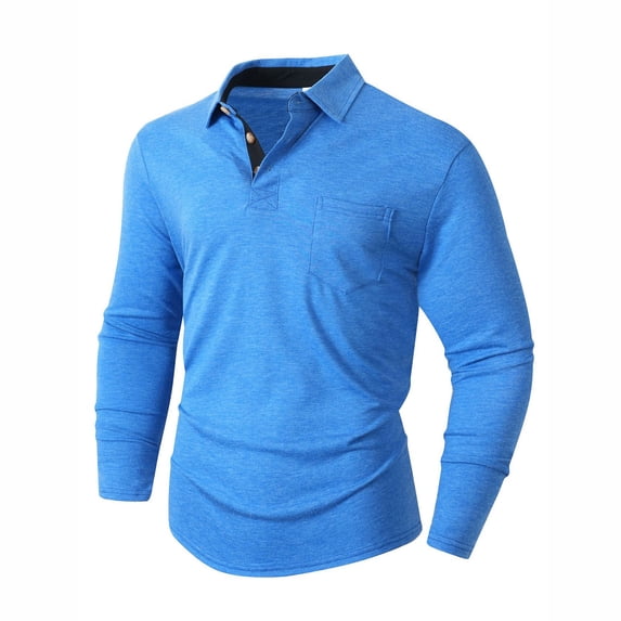 safuny Men's Casual Shirts Classic Quarter Button Lapel Basic Long Sleeve Shirt Solid Color Tees V Neck Tops Light Blue L